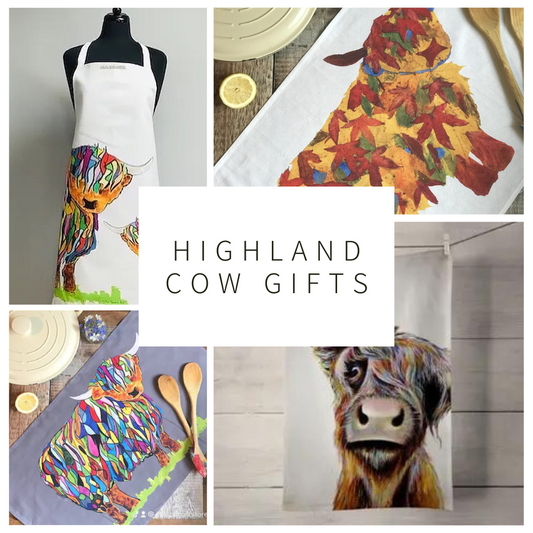 Collage of Bright Highland Cow Apron, Bright Highland Cow Tea Towel on grey, Autumn Leaf Highland Cow Tea Towel and Bad Hair Highland Cow Tea Towel with white rectangle in the middle with the text "Highland Cow Gifts".