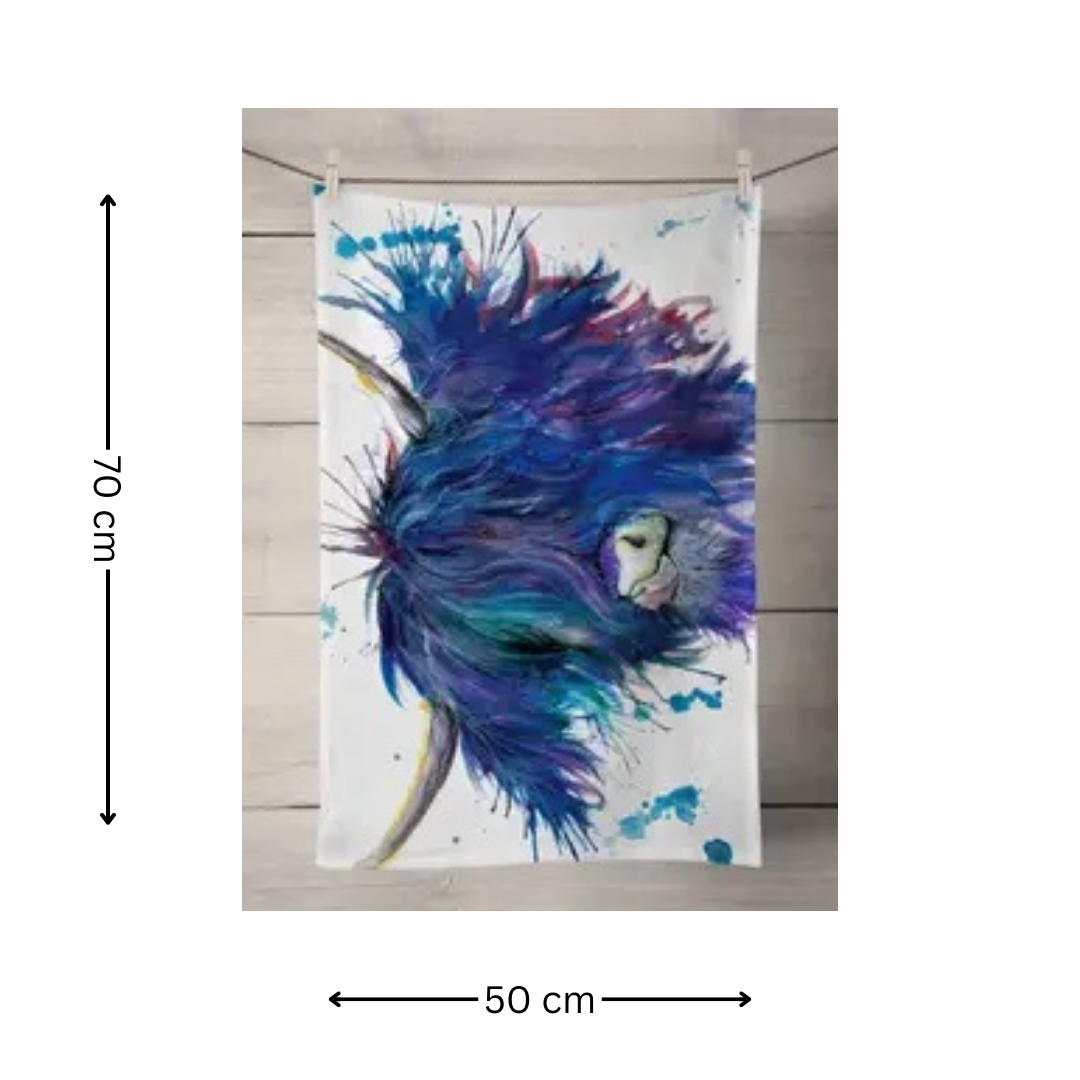 100% Cotton Blue Splatter Highland Cow Tea Towel - 70 Cm X 50 Cm - Gift Idea