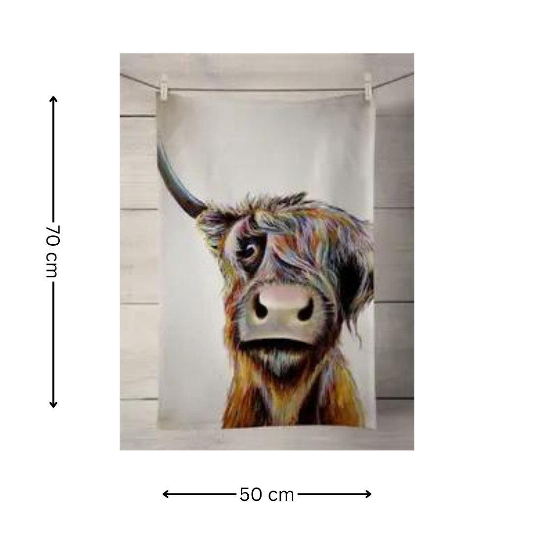 100% Cotton Bad Hair Highland Cow Tea Towel - 70 Cm X 50 Cm - Gift Idea
