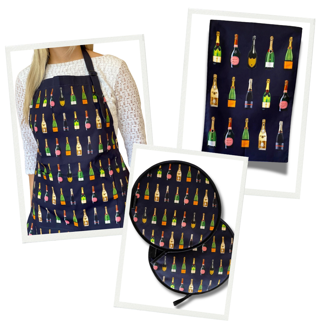 Champagne Set for AGA owners featuring AGA Chef's Pads, Tea Towel and Apron.  Perfect for gifting.