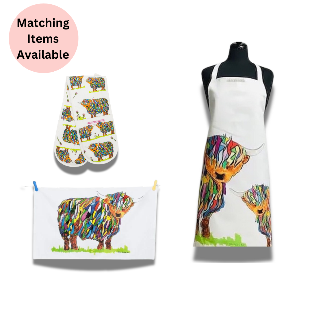 Bright Highland Cow Apron On White - Matching Items - Colourful Close-up