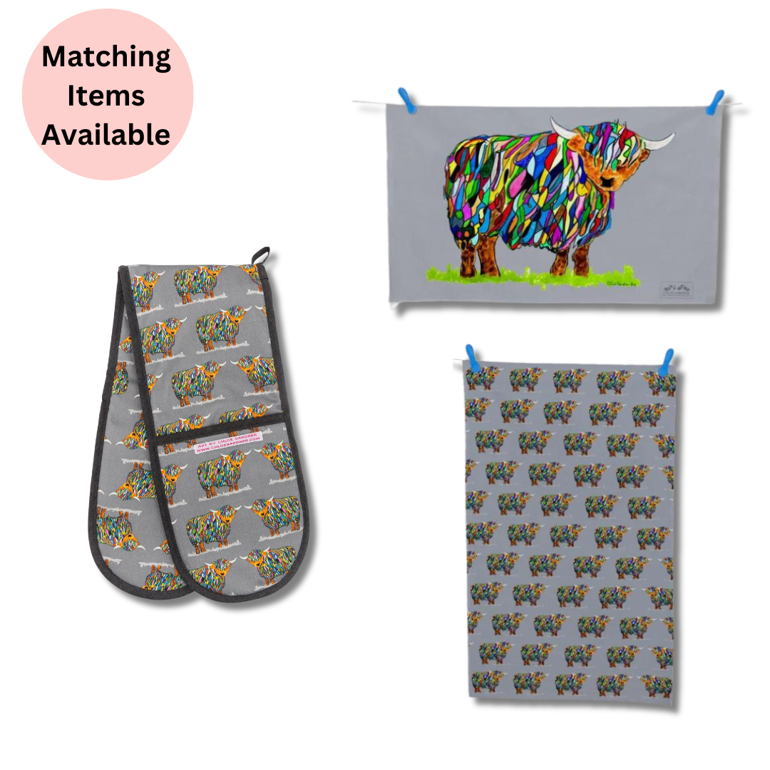 Repeat Bright Highland Cow Double Oven Glove On Grey - Matching Items Available - Colourful Close-up