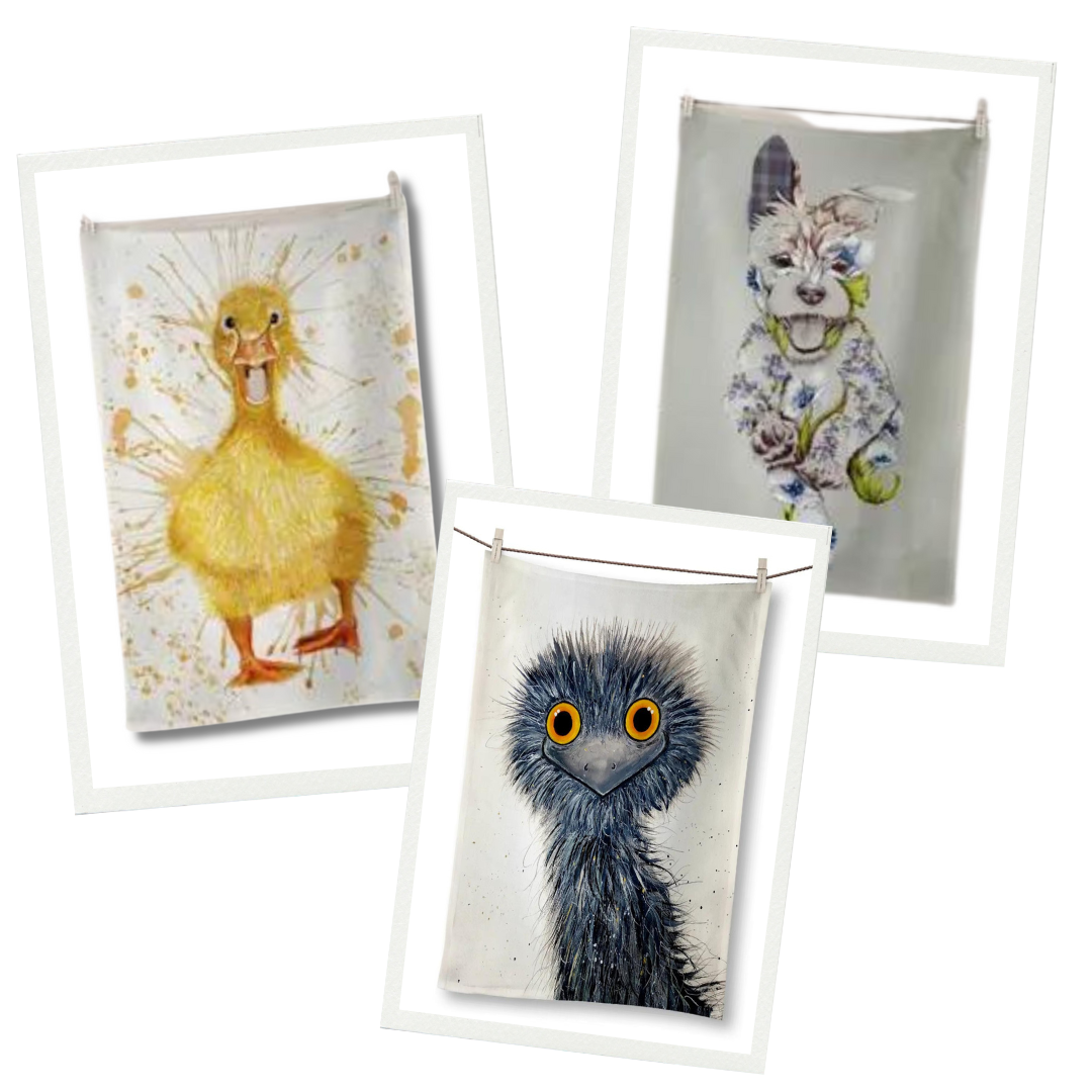 Cheerful Trio Animal Tea Towel Set - Front View - A Joyful Addition To Any Kitchen