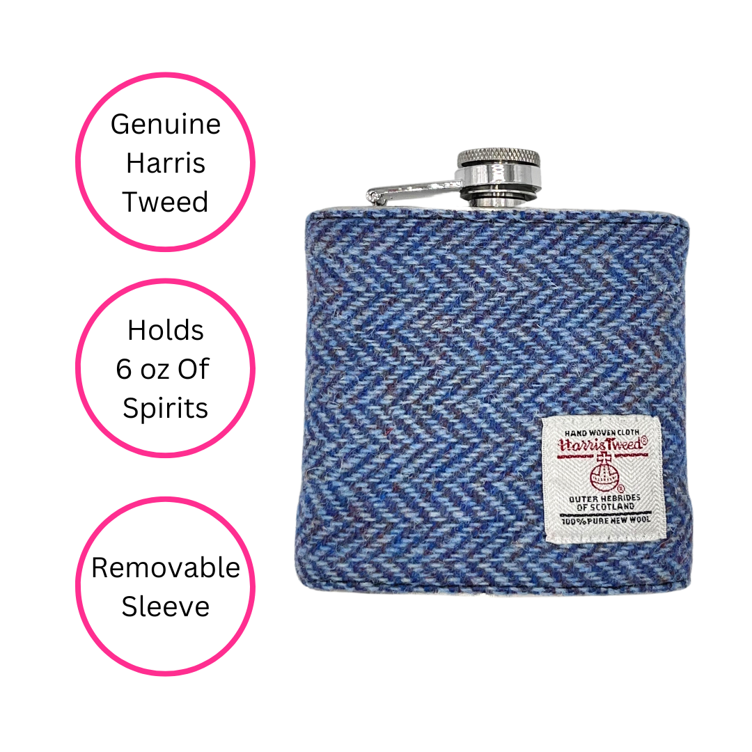 Herringbone Blue Harris Tweed Hip Flask - 6 Oz Capacity - Quirky Detail
