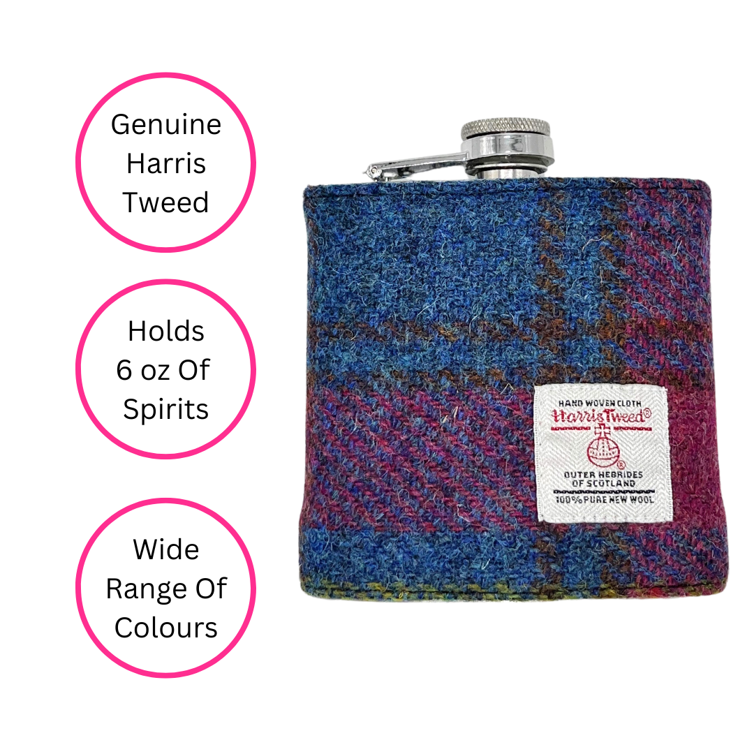 Pink And Blue Harris Tweed Hip Flask - 6 Oz Capacity - Quirky Detail