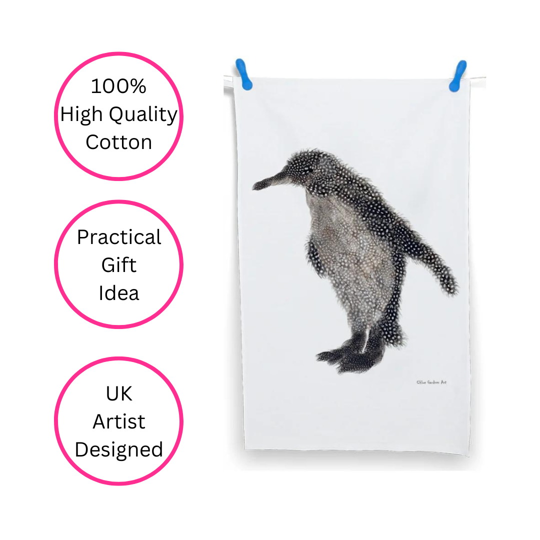 Grey Feather Penguin Tea Towel - British Made - Quirky Detail