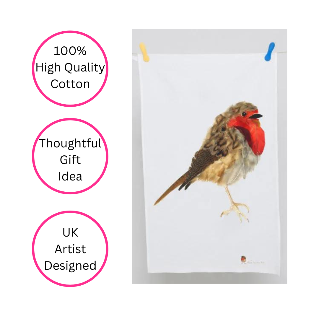 Gift Boxed 100% Cotton Robin Redbreast Tea Towel - British Made - Quirky Detail