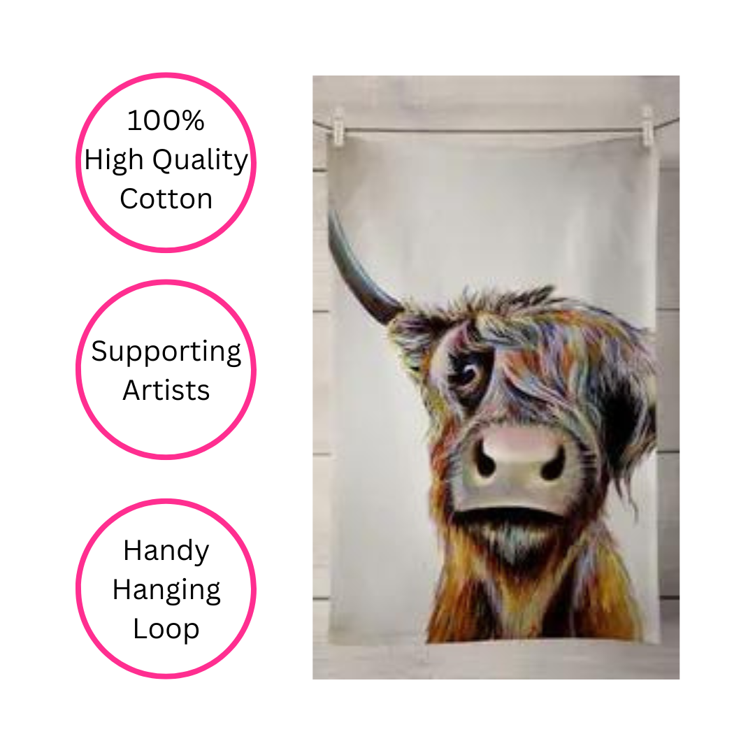 100% Cotton Bad Hair Highland Cow Tea Towel - Artist Designed - Quirky Detail