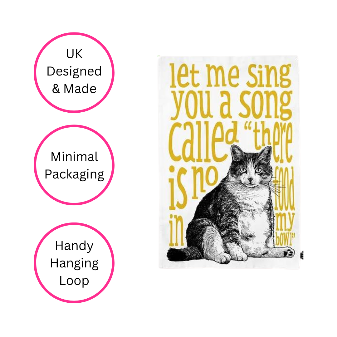 Yellow Hungry Cat Tea Towel - Side View - Quirky Detail
