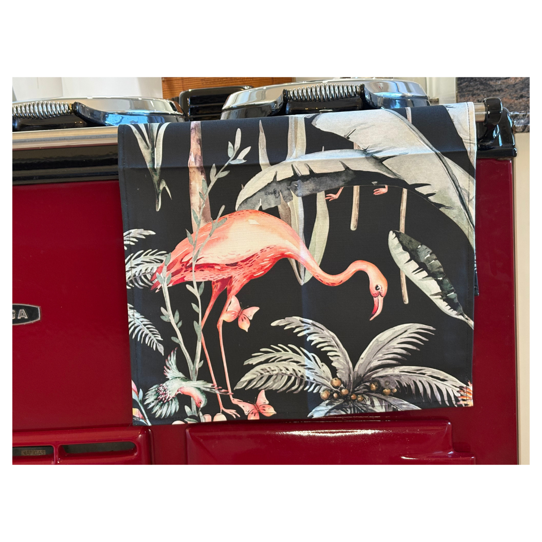 Dark Tropical Flamingo Tea Towel On Claret Red AGA.  Bold Design, Perfect Gift.