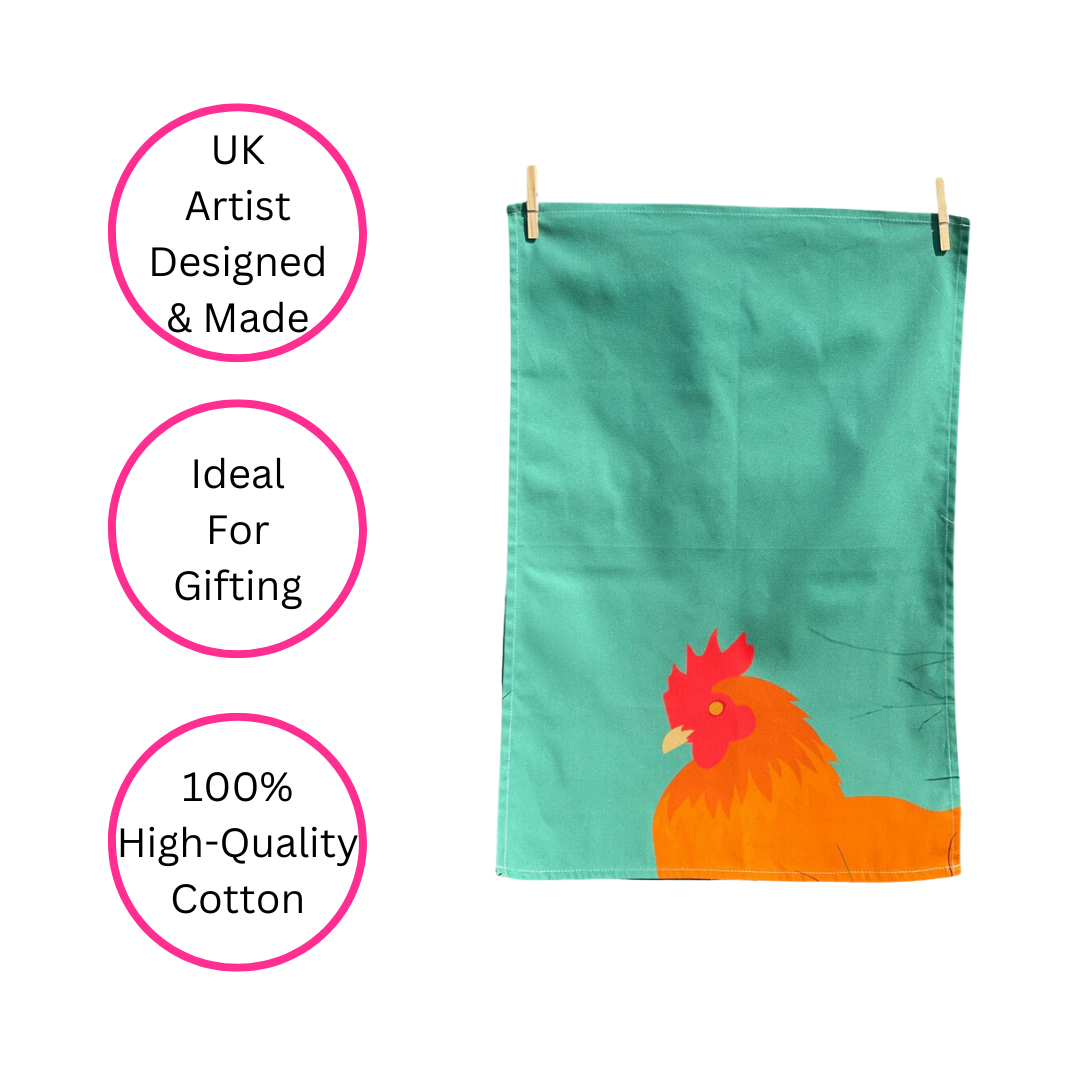 Green Chicken Tea Towel - Uk Made, 100% Cotton - Quirky Detail