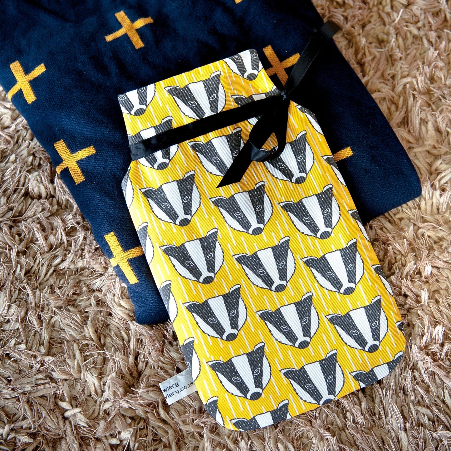 Yellow Badger Hot Water Bottle & Cover - Front View - A Joyful Addition To Any Kitchen