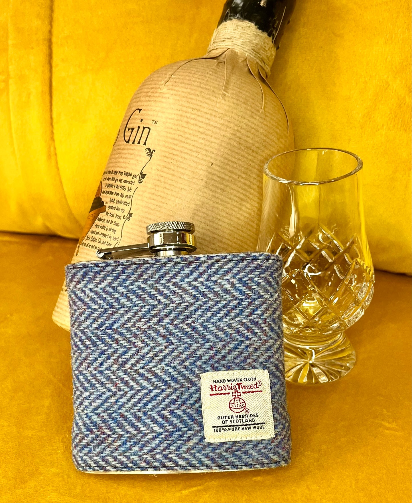 Herringbone Blue Harris Tweed Hip Flask - Alternate Angle - Homeware Gift