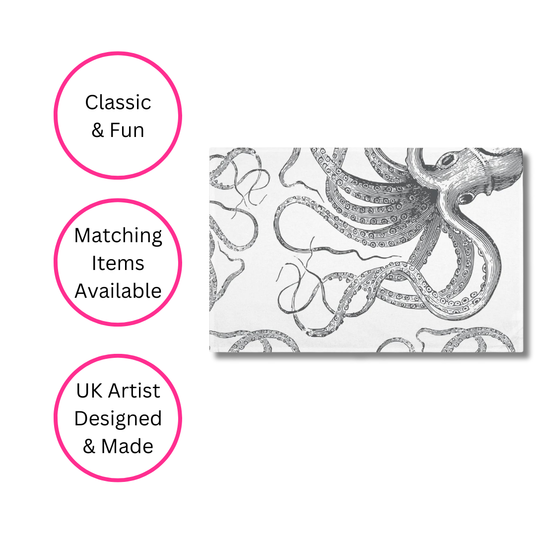 Black & White Octopus Kraken Tea Towel - Side View - Quirky Detail