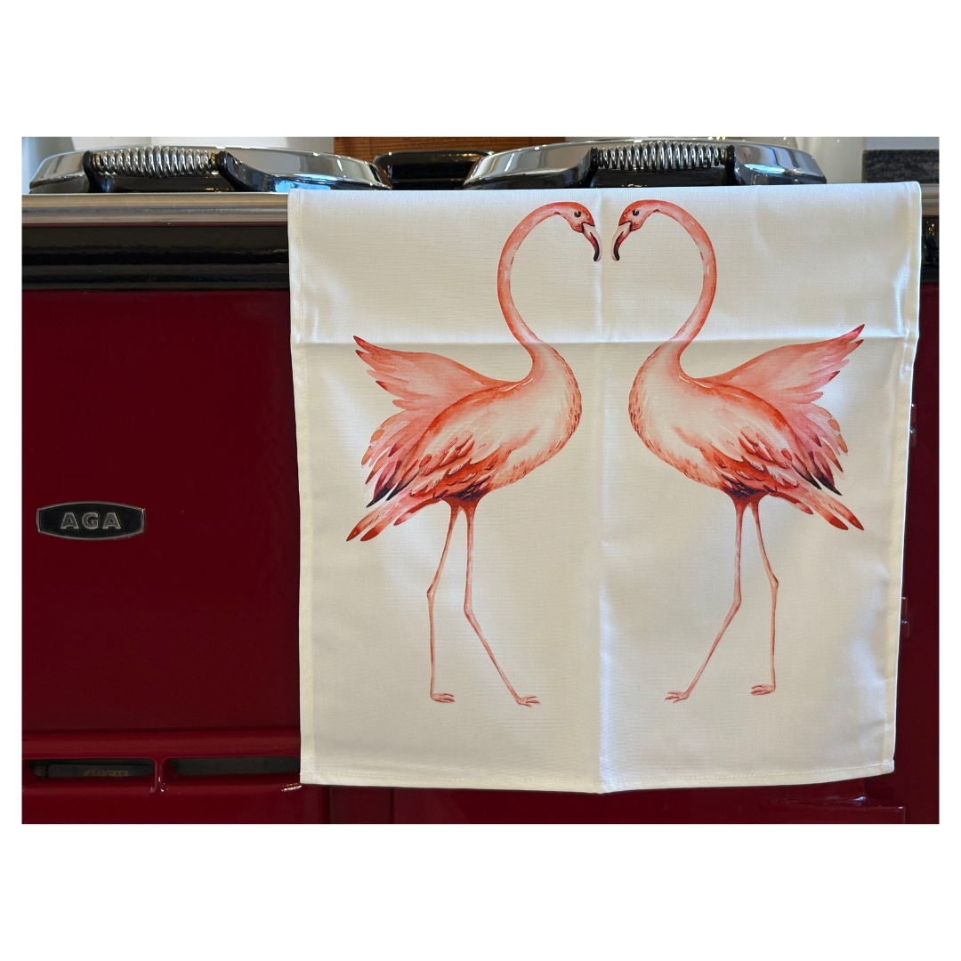 Pink Flamingo Tea towel on Claret Red AGA, Close Up View.  Beautiful Gift For Flamingo Lover.