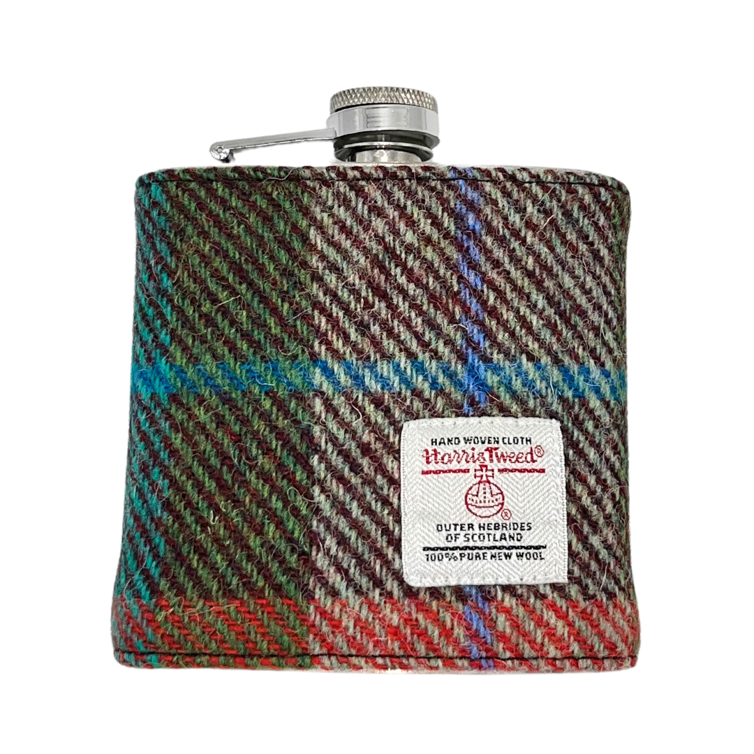 Orange And Green Harris Tweed Hip Flask - Front View - Ideal Gift
