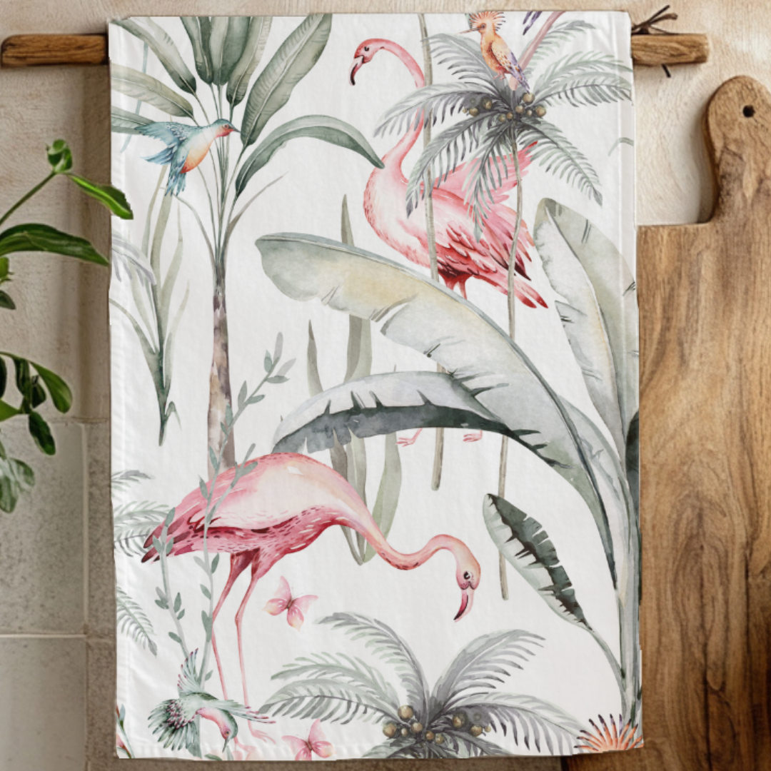 White Tropical Flamingo Tea Towel - Detail Shot - Colourful Close-up