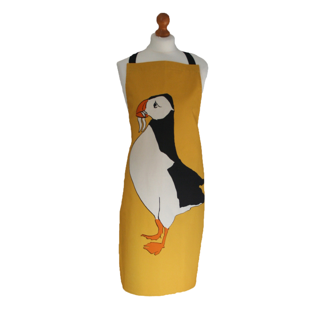 Yellow Puffin Apron - Front View - A Joyful Addition To Any Kitchen