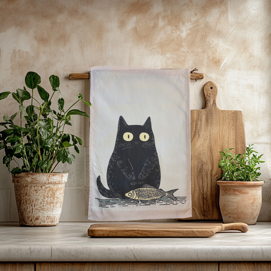 Cat with fish tea towel hanging on a wooden rail with wooden chopping boards and a plant.