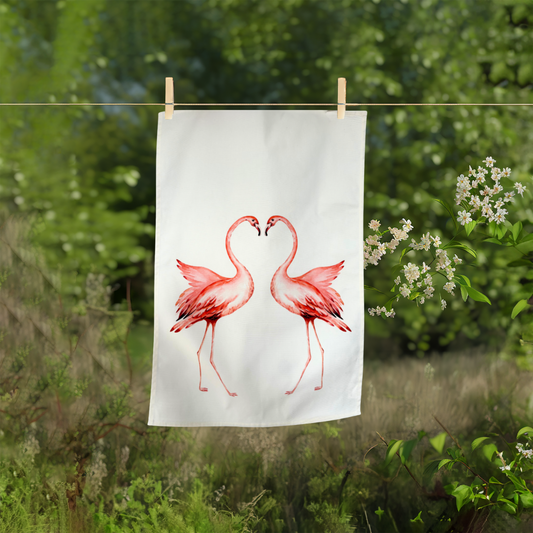 Two flamingo Tea towel hanging on washing line with greenery behind.