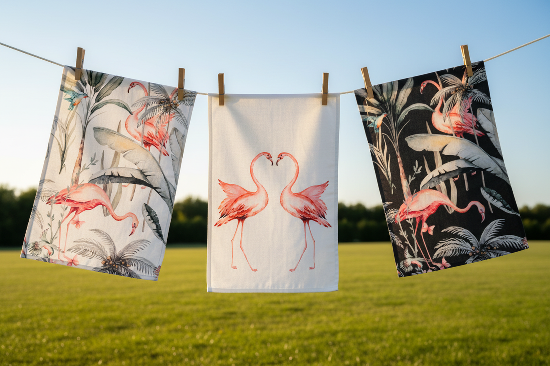 Three Flamingo Tea Towels on a Washing line on a sunny day.