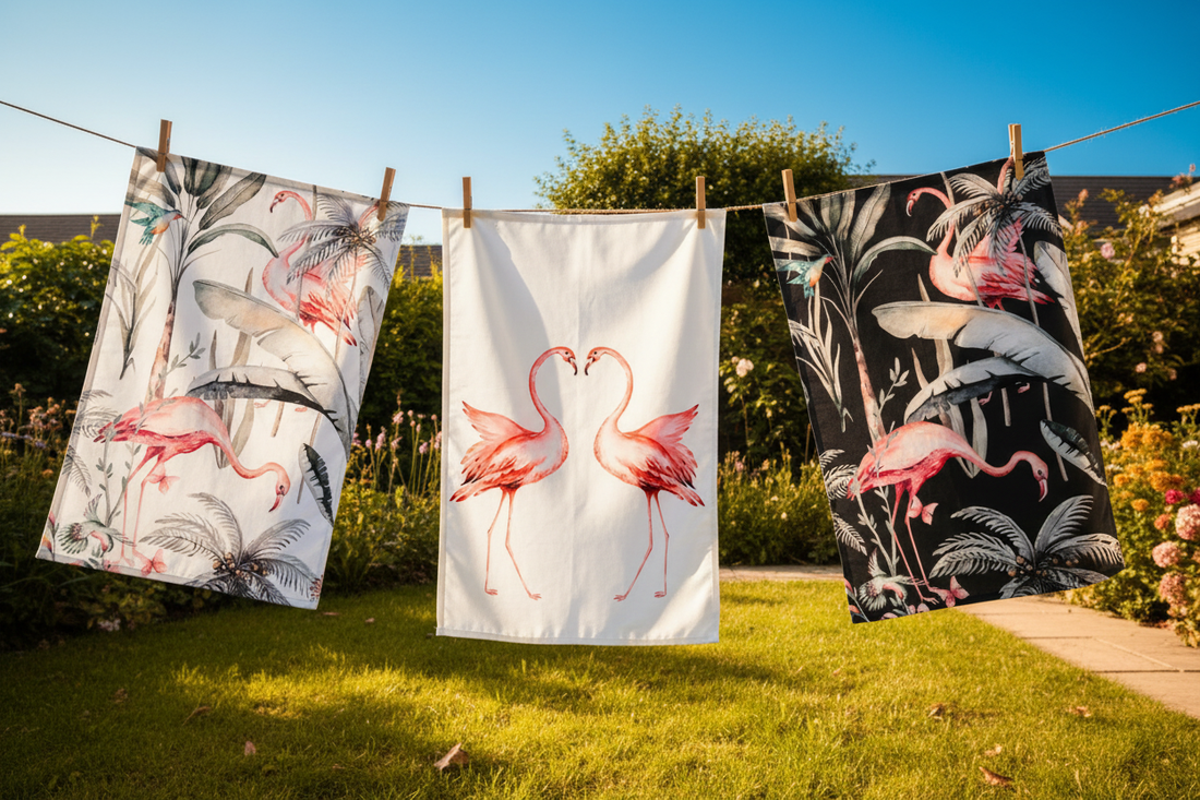 Three flamingo tea towels hanging on a washing line in a garden.
