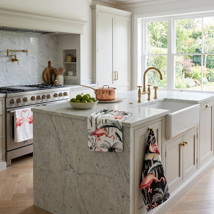 Three Flamingo Tea Towels in Kitchen setting.