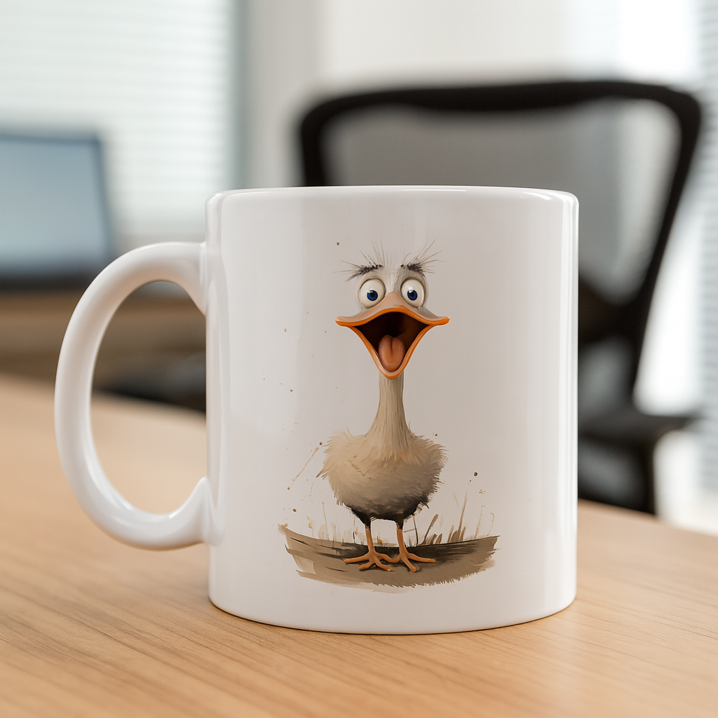 Funny Goose Mug On Desk. 