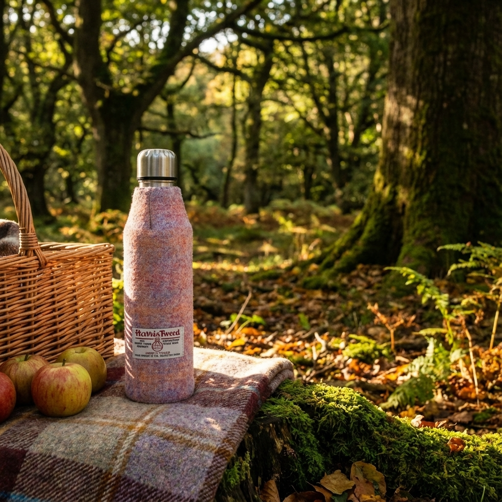 Pink Harris Tweed Thermos Flask in Woodland Picnic Scene