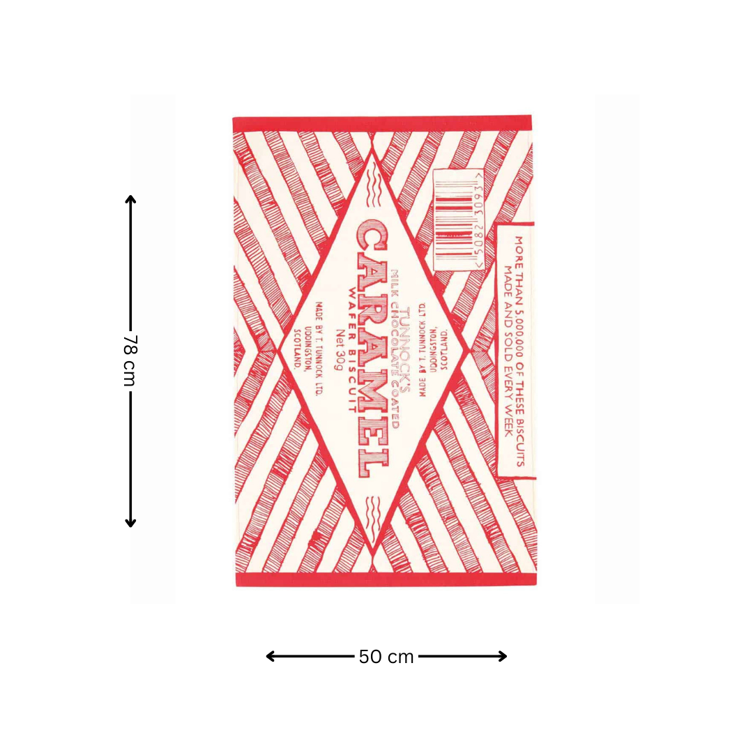 Tunnock's Caramel Wafer Tea Towel with two black arrows indicating that it measures 78 cm x 50 cm