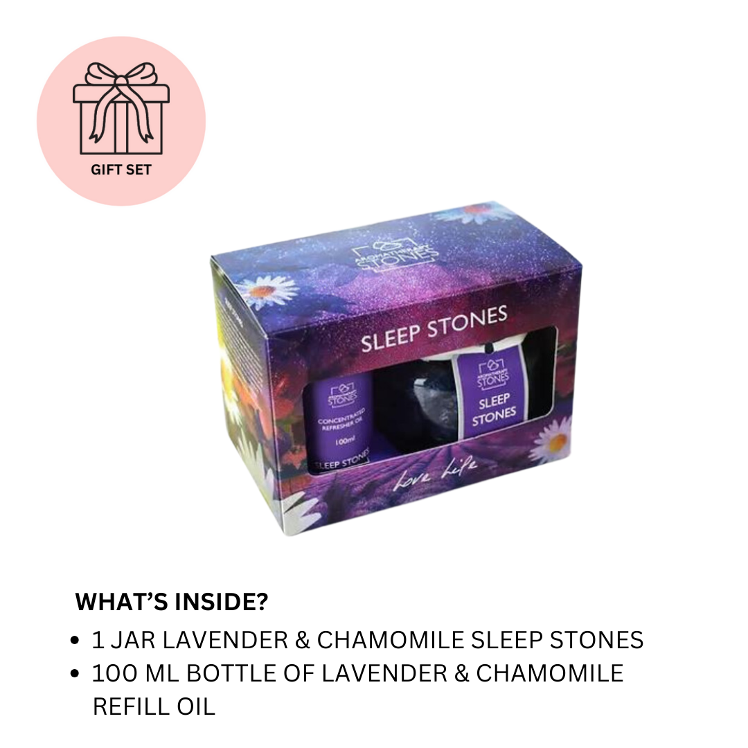 Sleep Stones Gift Set containing 1 jar Lavender & Chamomile Sleep Stones &  100 ml Refill Oil