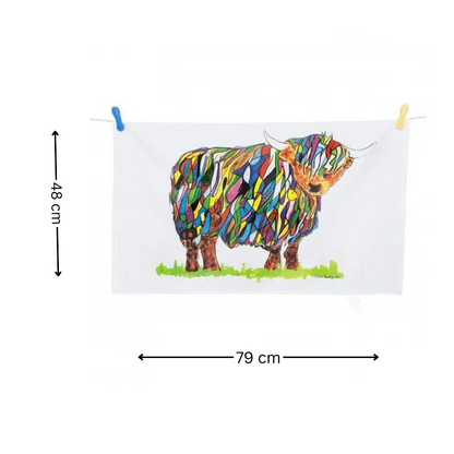 Bright Highland Cow Tea Towel On White - 48 Cm X 79 Cm - Gift Idea