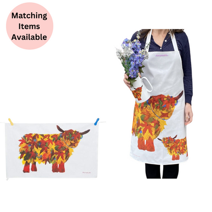 Autumn Leaf Highland Cow Apron - Matching Items Available - Colourful Close-up