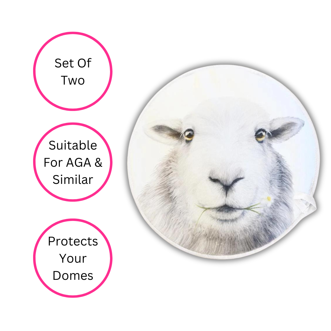 Baa-rbara Sheep Chef's Pads For AGA, single Pad on white background with three pink discs highlighting the benefits, set of two, suitable for AGA & similar and Protects your domes