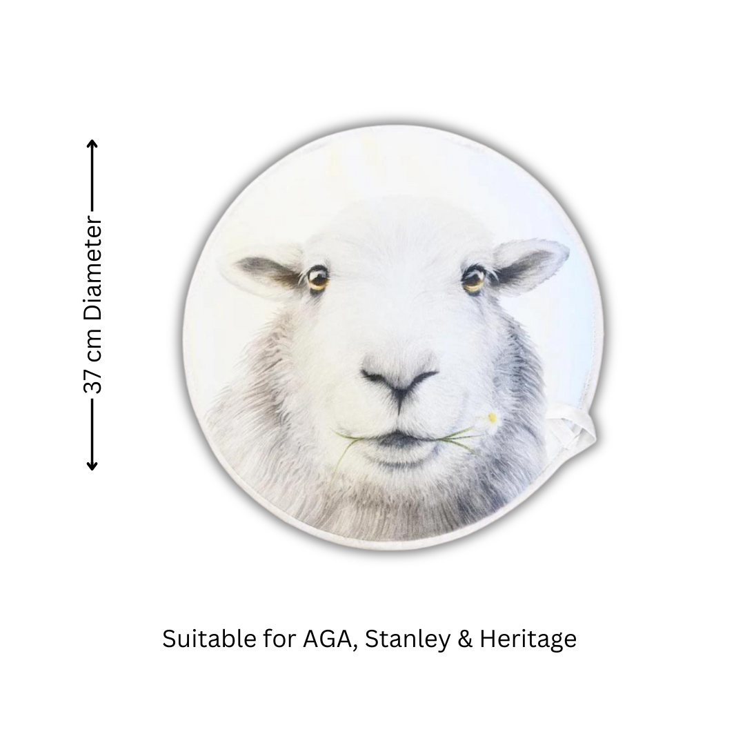 Baa-rbara Sheep Chef's Pads For AGA, single pad on white background with arrows to highlight that they are 37 cm in diameter and the text "suitable for AGA, Stanley & Heritage"