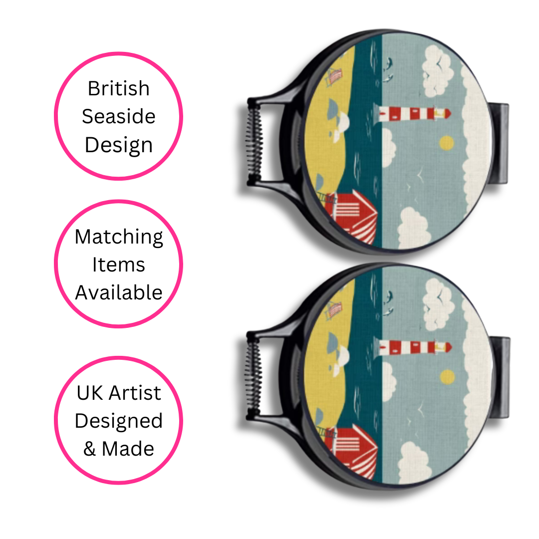 Beside The Seaside Chef's Pads For AGA, on AGA lids on white background with three pink discs highlighting the benefits - British seaside design, matching items available and UK artist designed & made.