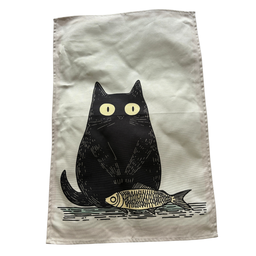 Black Cat Tea Towel With Fish