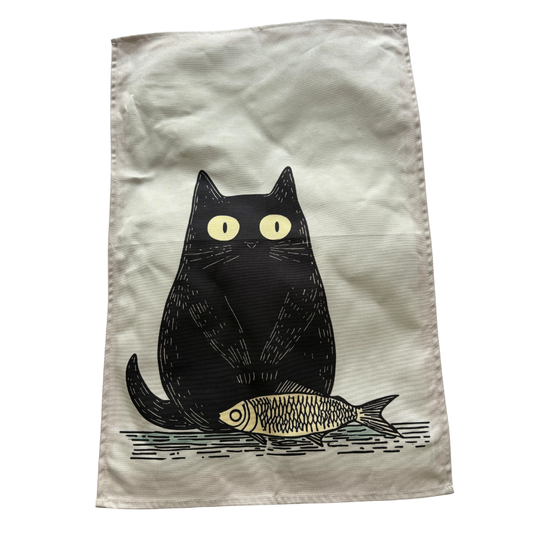 Black Cat Tea Towel With Fish