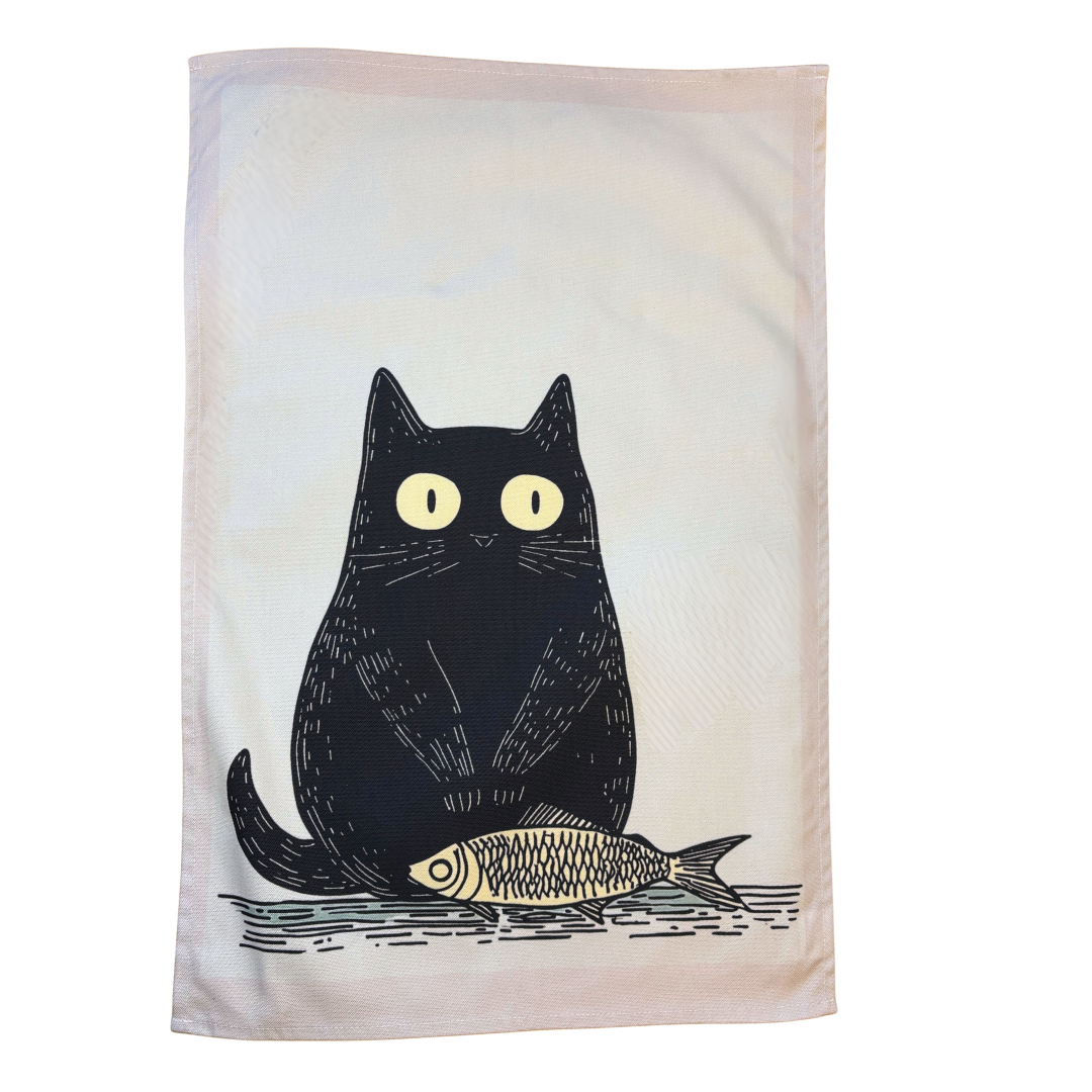 Black Cat Tea Towel With Fish - A Joyful Gift For Cat Lovers
