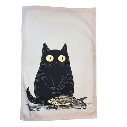 Black Cat Tea Towel With Fish - A Joyful Gift For Cat Lovers