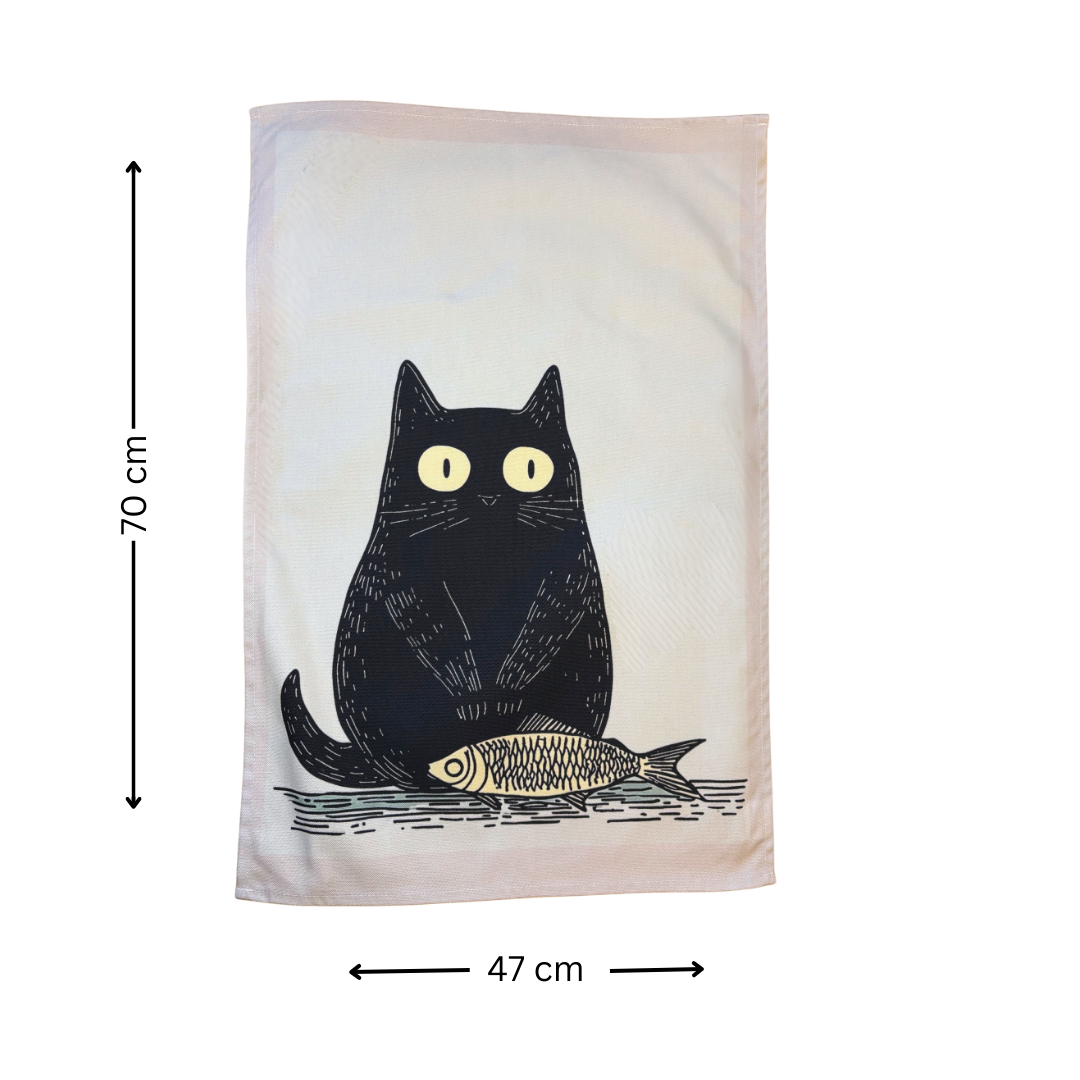 Black Cat Tea Towel With Fish - 70 cm x 47 cm - Fun Gift Idea