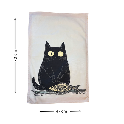 Black Cat Tea Towel With Fish - 70 cm x 47 cm - Fun Gift Idea