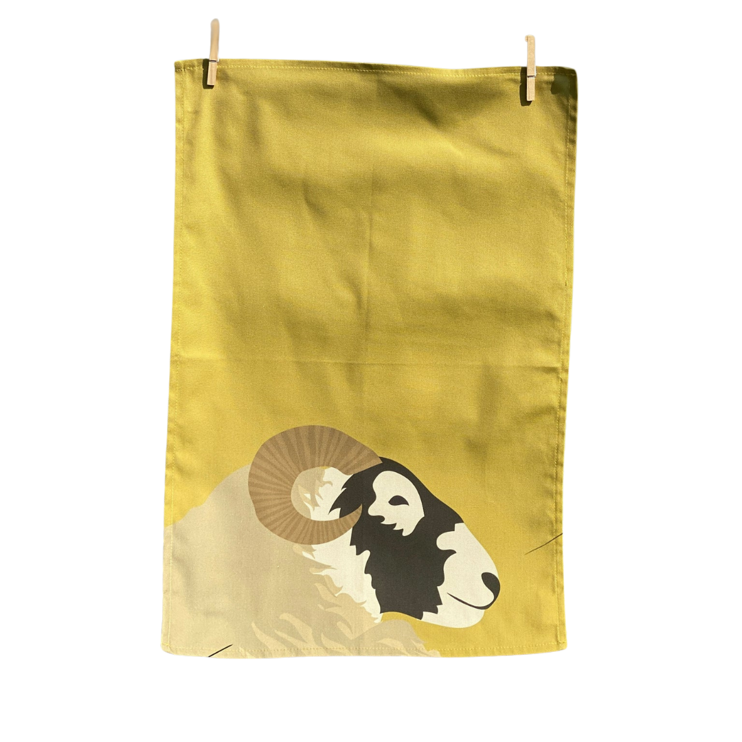 Blackface Sheep Tea Towel hanging by pegs on white background.