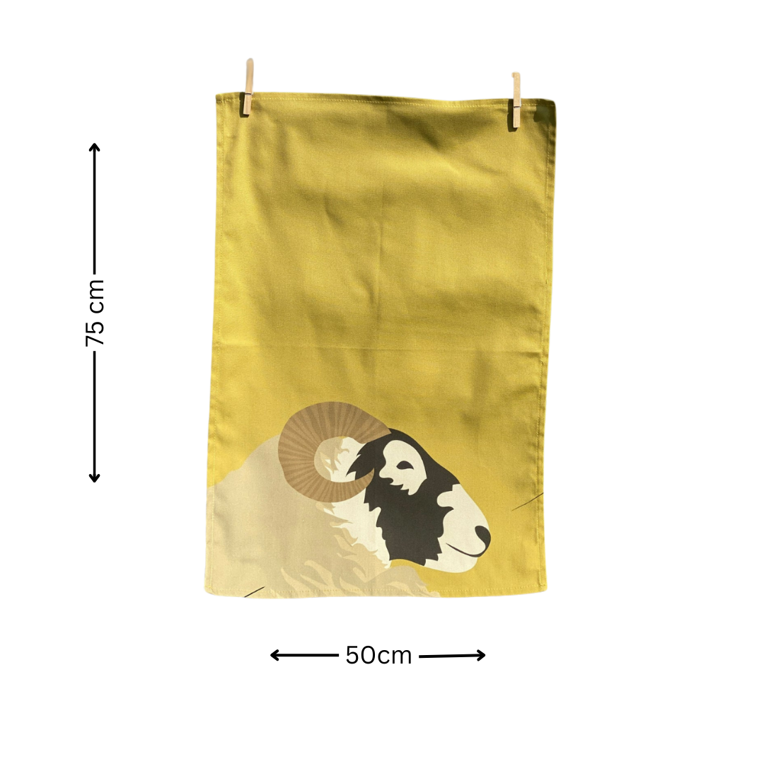 Blackface Sheep Tea Towel hanging by pegs on white background with black arrows and text to indicate the measurement 75 cm x 50 cm.  