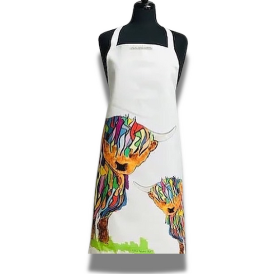 Bright Highland Cow Apron On White on white background.