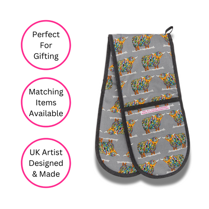 Repeat Bright Highland Cow Double Oven Glove On Grey - Uk Made - Quirky Detail