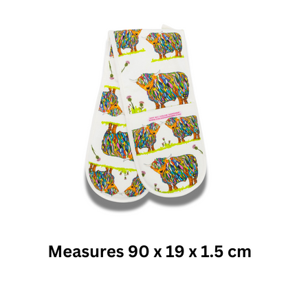 Repeat Bright Highland Cow Double Oven Glove On White - 90 Cm X 19 Cm X 1.5 Cm - Gift Idea