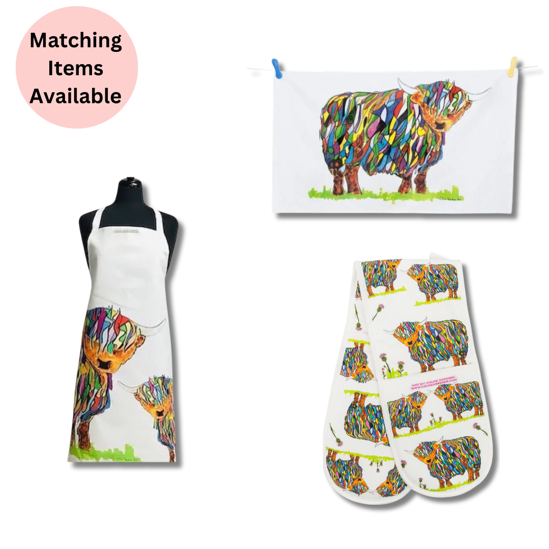 Bright Highland Cow Apron On White, Bright Highland Cow Tea Towel On White and Repeat Bright Highland Cow Double Oven Glove On White on white background with pink disc with text which reads "matching items available".