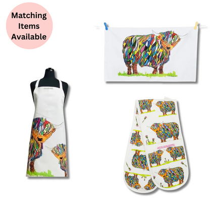 Repeat Bright Highland Cow Double Oven Glove On White - Matching Items Available - Colourful Close-up