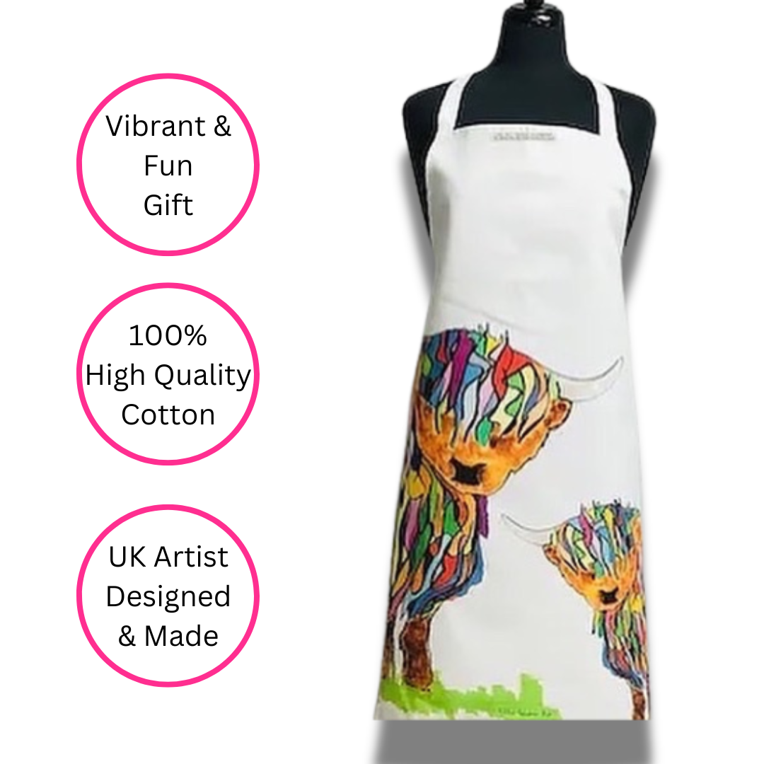 Bright Highland Cow Apron White on white background with three pink discs highlighting the benefits, vibrant & fun gift, 100% high quality cotton and UK artist designed & made.